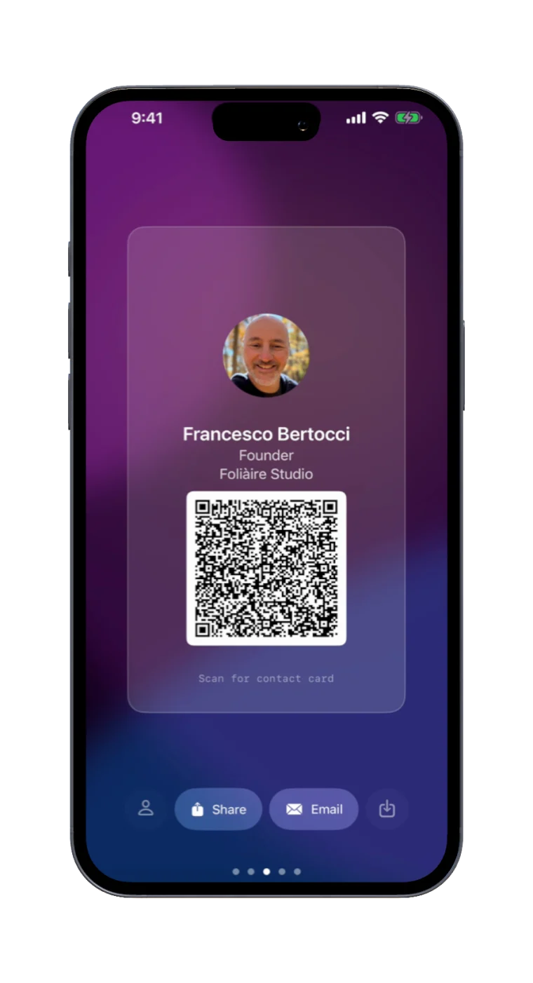 A Handleshare card for Foliàire Studio, showing the photo, name, title and the QR code that carries the whole contact.