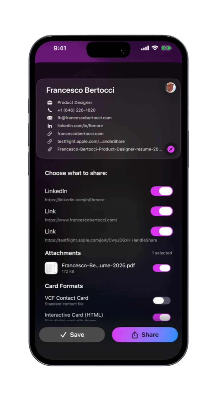 The Handleshare share sheet scrolled to Attachments, with a résumé PDF selected and a live preview of exactly what the recipient will get.