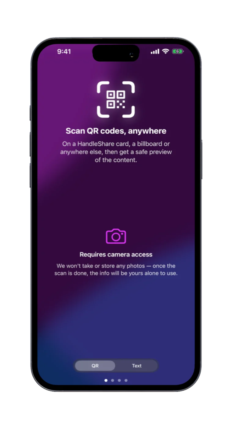 Handleshare's scanner, in QR mode: scan QR codes anywhere and get a safe preview before anything opens, with a QR / Text toggle to switch to scanning a paper business card.