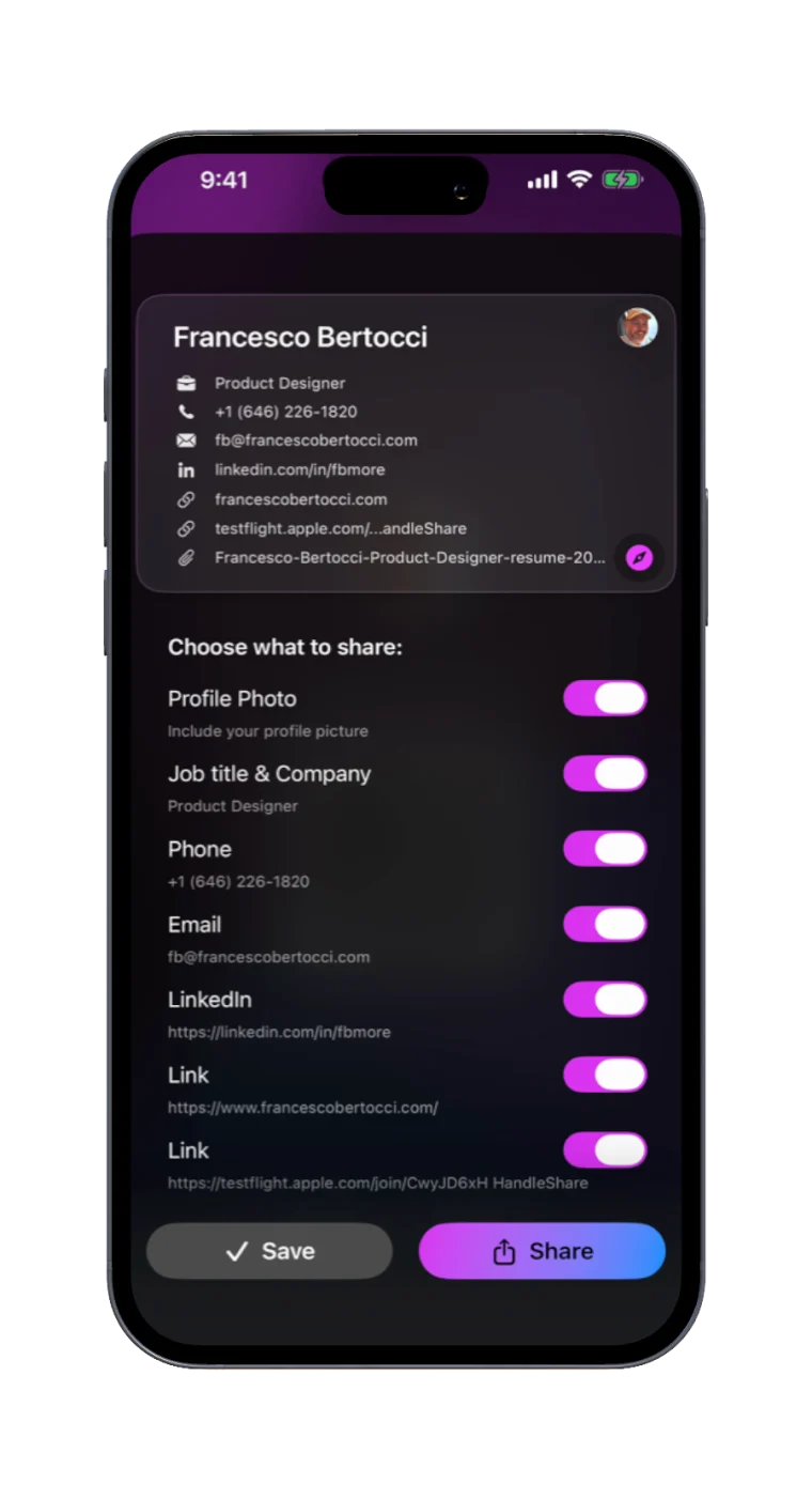 The Handleshare share sheet: a live preview of the card at the top, and switches below for profile photo, job title, pronouns, phone, email and each link.