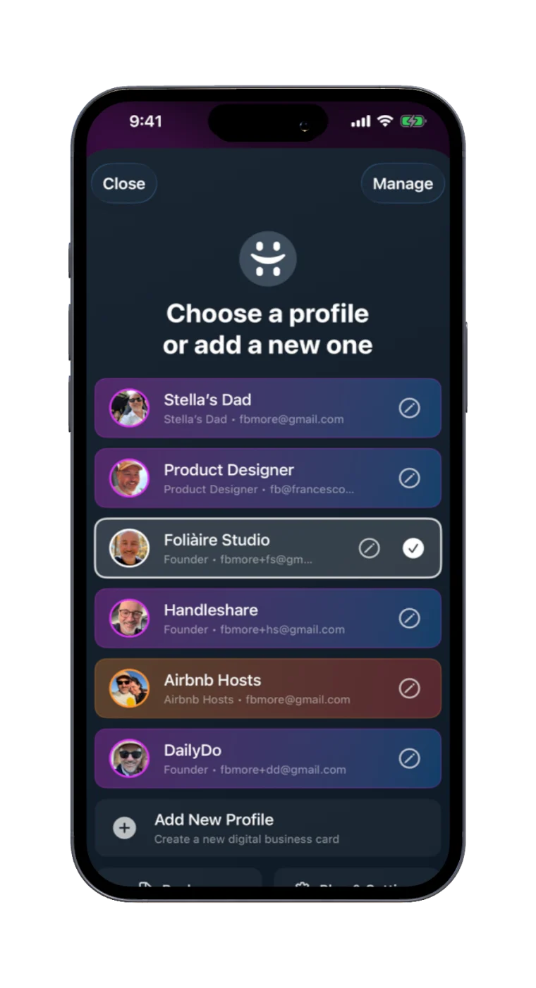 The Handleshare profile switcher listing six cards — Stella’s Dad, Product Designer, Foliàire Studio, Handleshare, Airbnb Hosts and DailyDo.